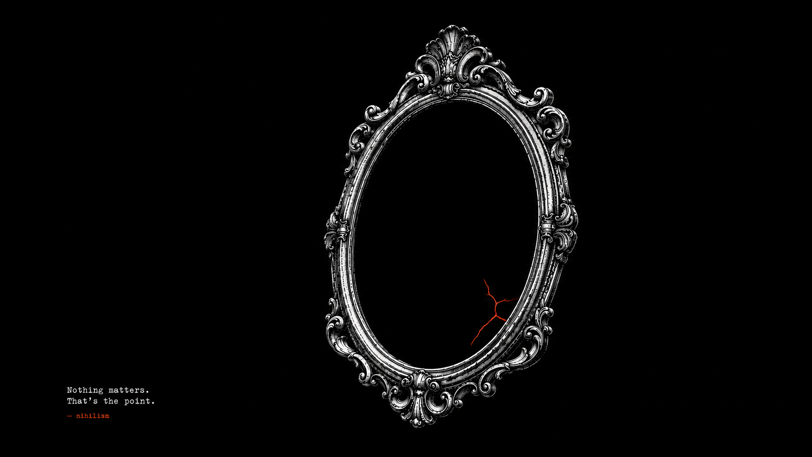 An ornate empty mirror frame with no reflection, a single red crack running through it