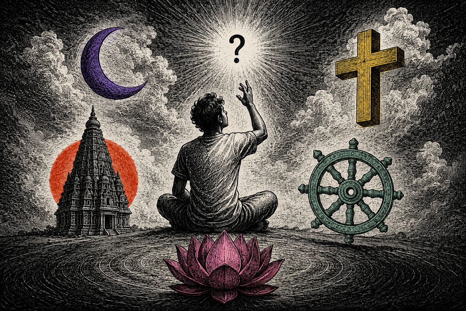 A figure sitting cross-legged surrounded by symbols of different religions, reaching toward a glowing question mark